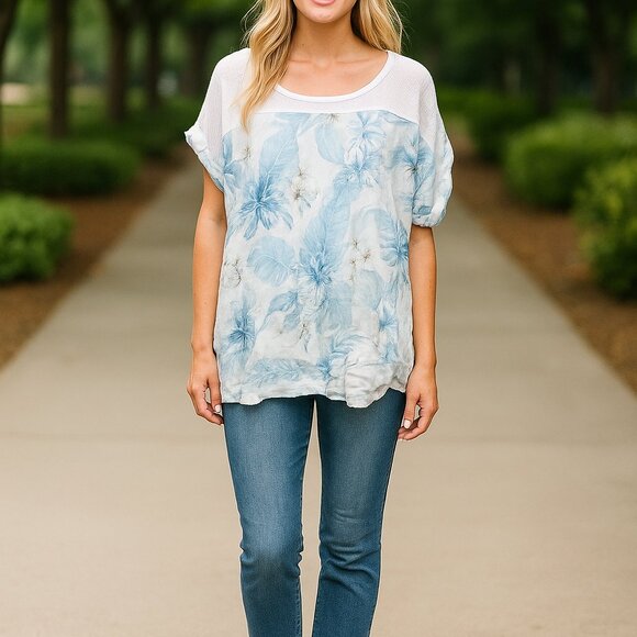 Lungo Larno Made Italy 100% Linen 1X Tropical Blue Floral Short Sleeve Tunic Y2K - Picture 1 of 9